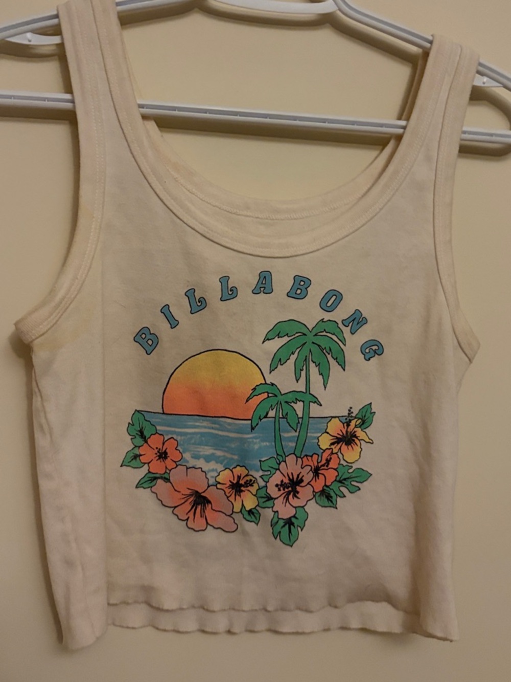 BILLABONG Crop Tank with Sunset Palm & Floral Graphic - Size Large.
